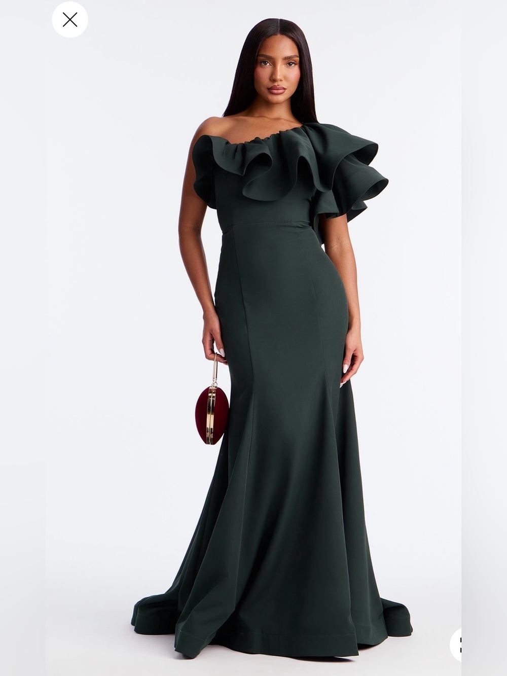 Fashion Nova One-Shoulder Ruffle Maxi Gown in Forest Green